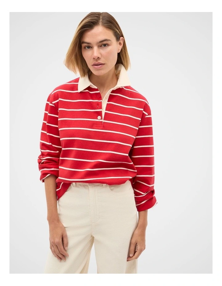 Relaxed Cotton Rugby Polo Top in Poppy Stripe image 1