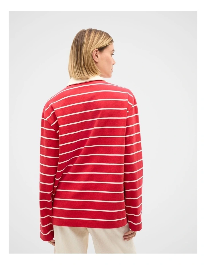 Relaxed Cotton Rugby Polo Top in Poppy Stripe image 2