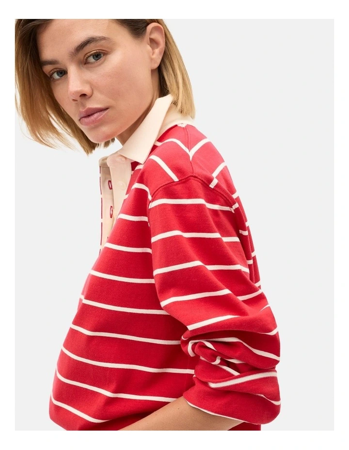 Relaxed Cotton Rugby Polo Top in Poppy Stripe image 3