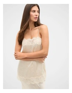 Crinkled Satin Lace Square Neck Cami in Coconut Cream