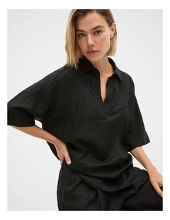 Textured Satin Collared Popover in Black