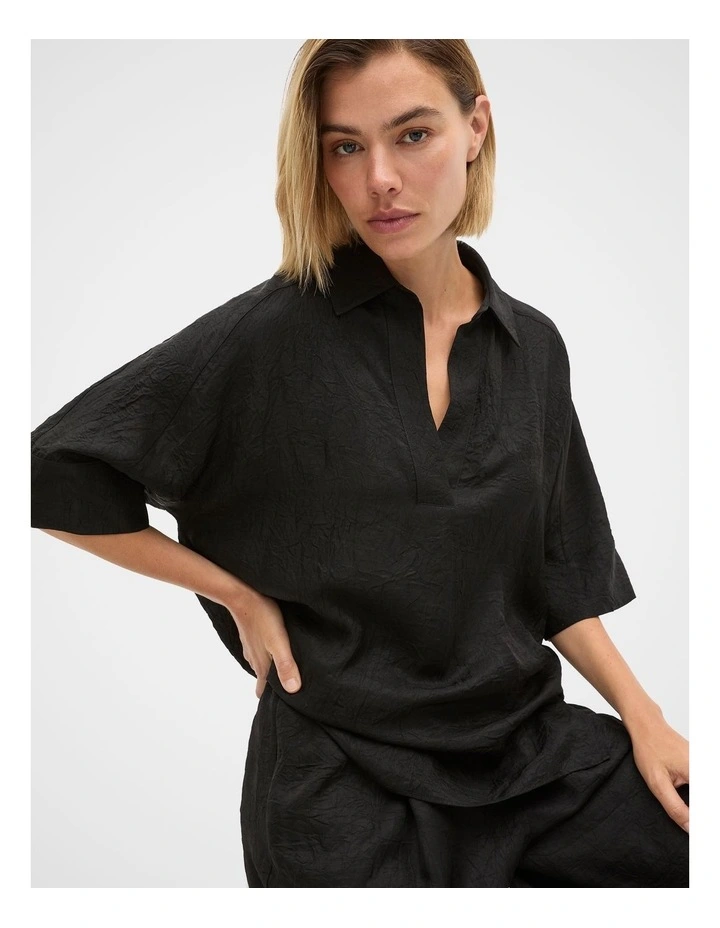 Textured Satin Collared Popover in Black image 1