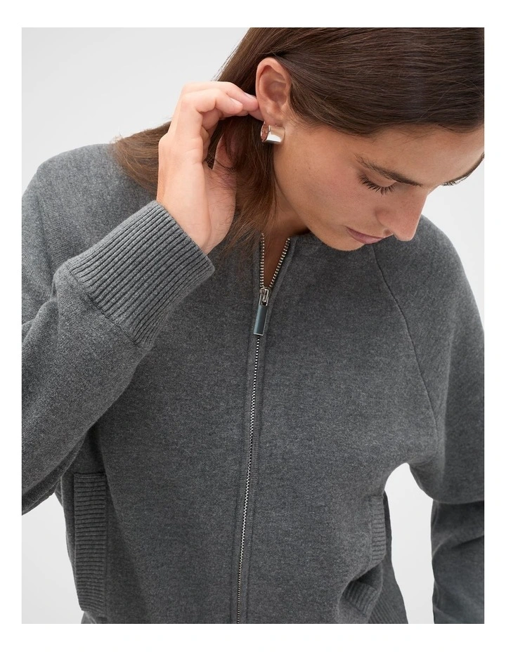 Double Knit Bomber Cardigan in Charcoal Grey Marle image 3