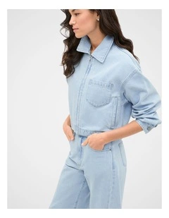 Cropped Zip Front Denim Jacket in Ice Blue Denim