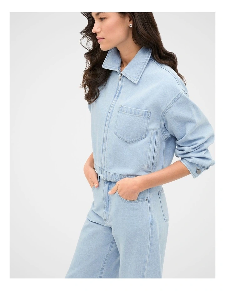 Cropped Zip Front Denim Jacket in Ice Blue Denim image 1