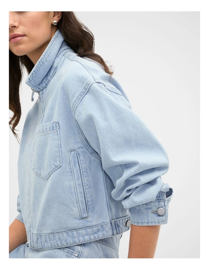 Cropped Zip Front Denim Jacket in Ice Blue Denim image 4