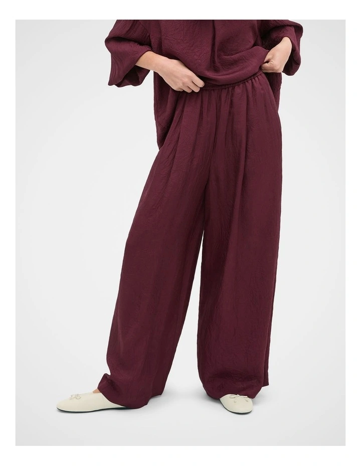 Textured Satin Gathered Pant in Plum Red image 1