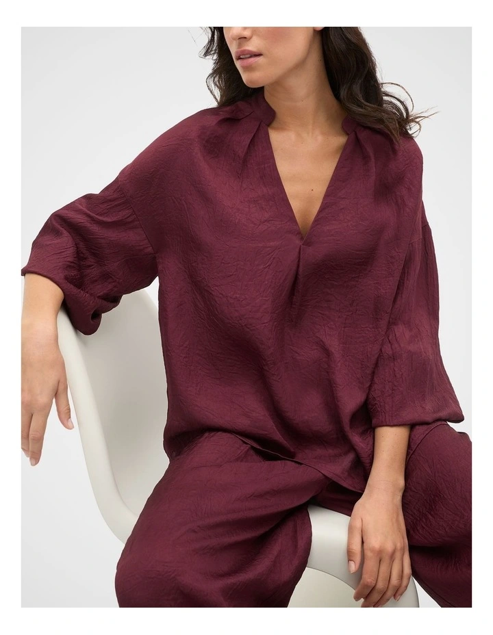 Textured Satin Half Placket Blouse in Plum Red image 1