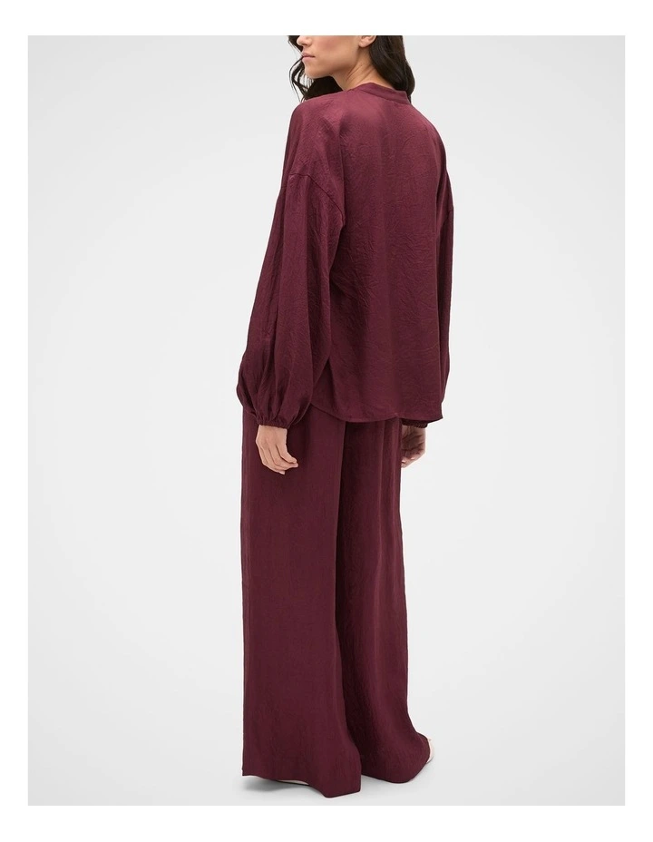 Textured Satin Half Placket Blouse in Plum Red image 2