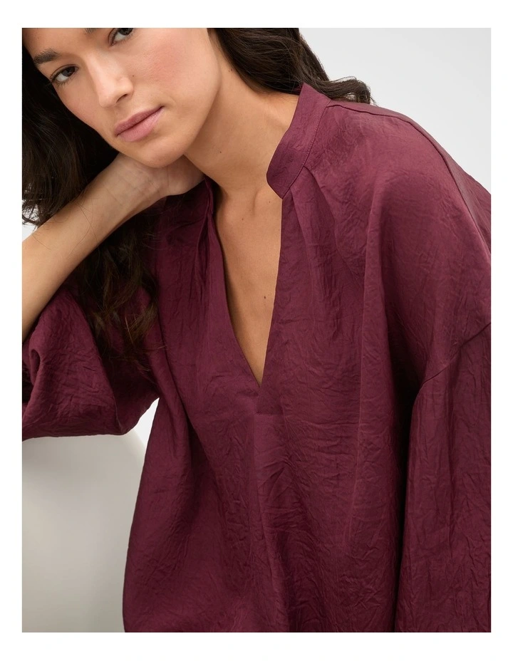 Textured Satin Half Placket Blouse in Plum Red image 4