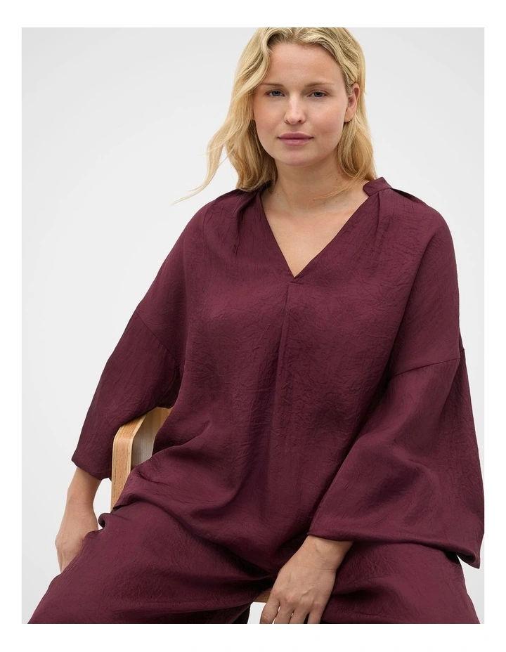 Textured Satin Half Placket Blouse in Plum Red image 5