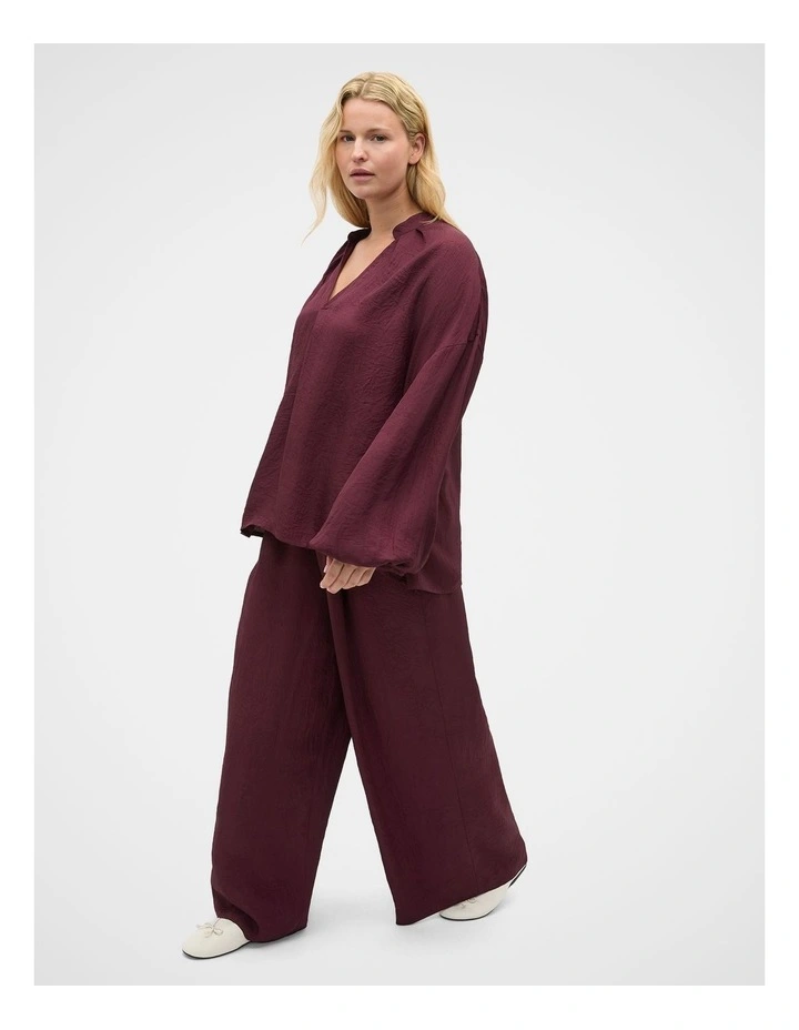 Textured Satin Half Placket Blouse in Plum Red image 6