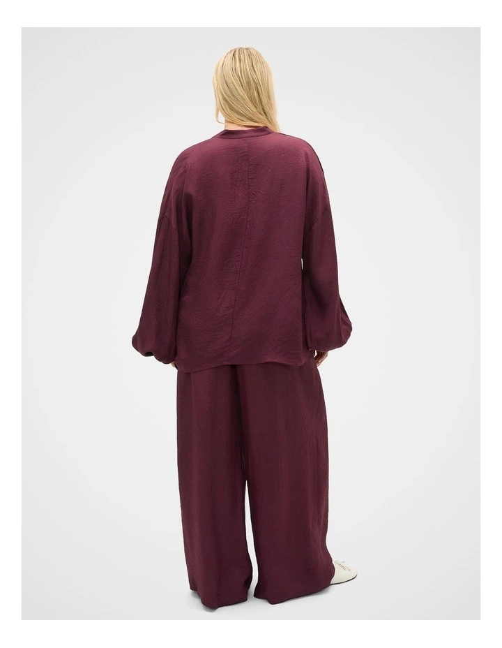 Textured Satin Half Placket Blouse in Plum Red image 7