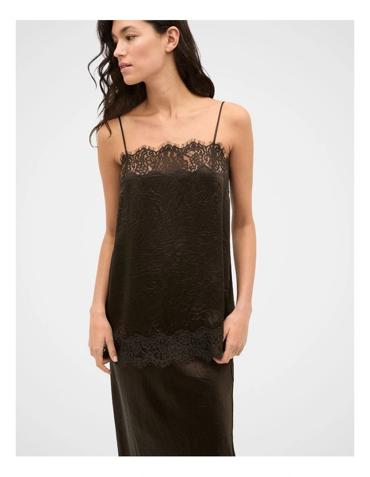 Crinkled Satin Lace Square Neck Cami in Coffee Bean image 1