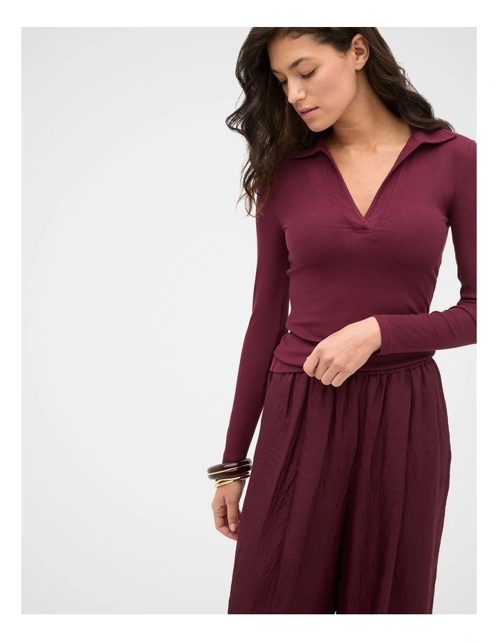 Core Rib Collared Top in Plum Red image 1