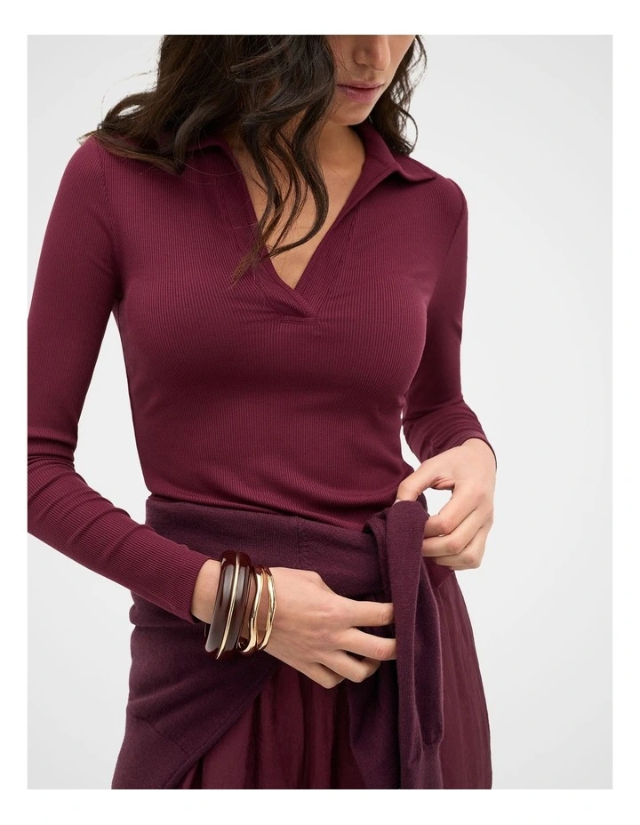 Core Rib Collared Top in Plum Red image 4