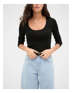 Australian Merino Scoop Neck Top in Black