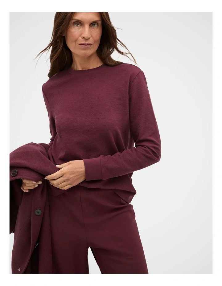 Textured Long Sleeve Relaxed Top in Plum Red image 1