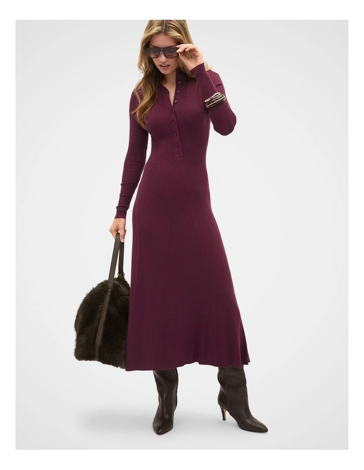 Button Down Mock Neck Knit Dress in Plum Red image 1
