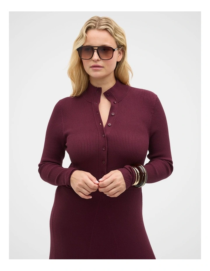 Button Down Mock Neck Knit Dress in Plum Red image 5