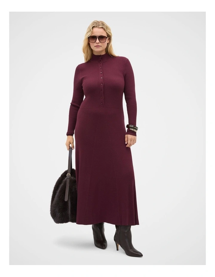 Button Down Mock Neck Knit Dress in Plum Red image 6