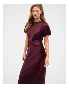 Satin Knot Front Dress in Plum Red