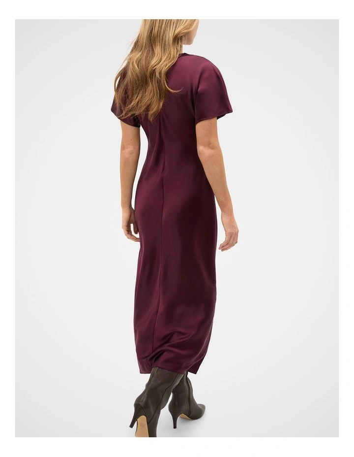 Satin Knot Front Dress in Plum Red image 2