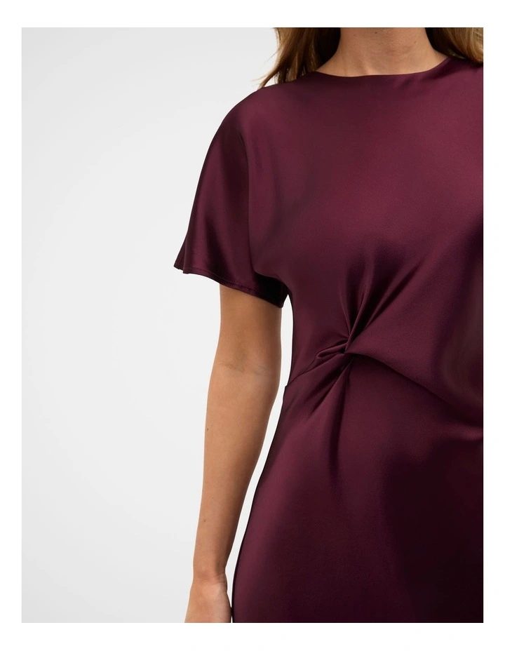 Satin Knot Front Dress in Plum Red image 4