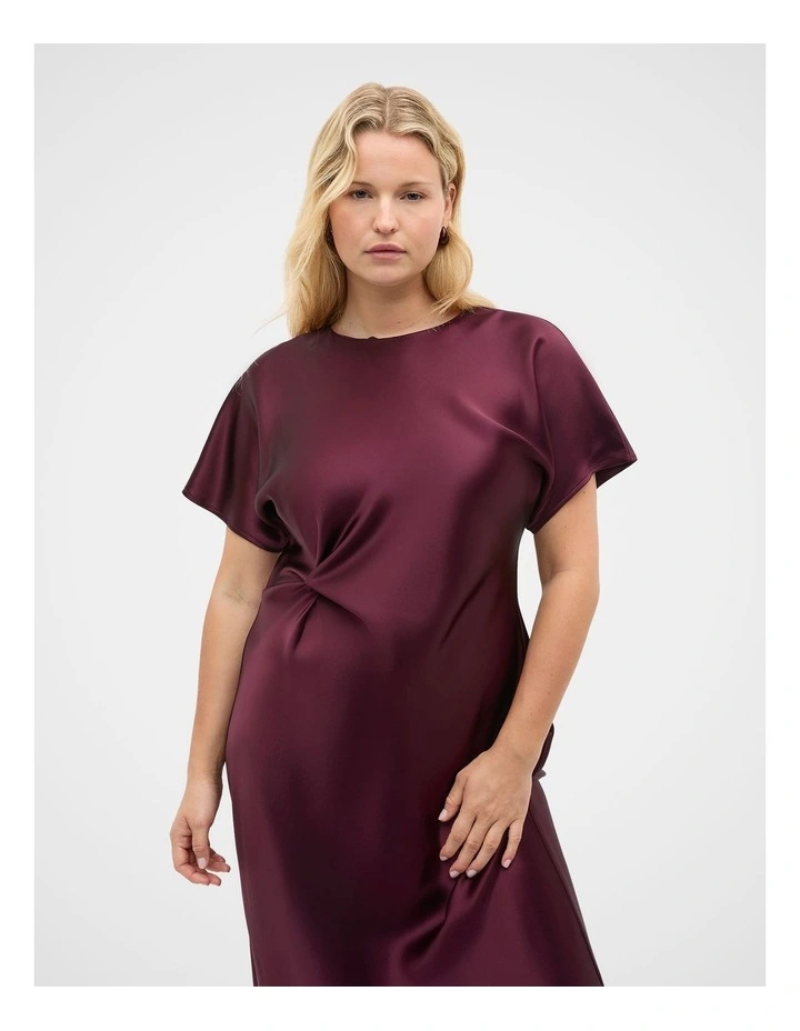 Satin Knot Front Dress in Plum Red image 5