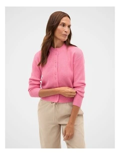 Merino Button Up Knit Cardigan in Bubblegum Pink Marle