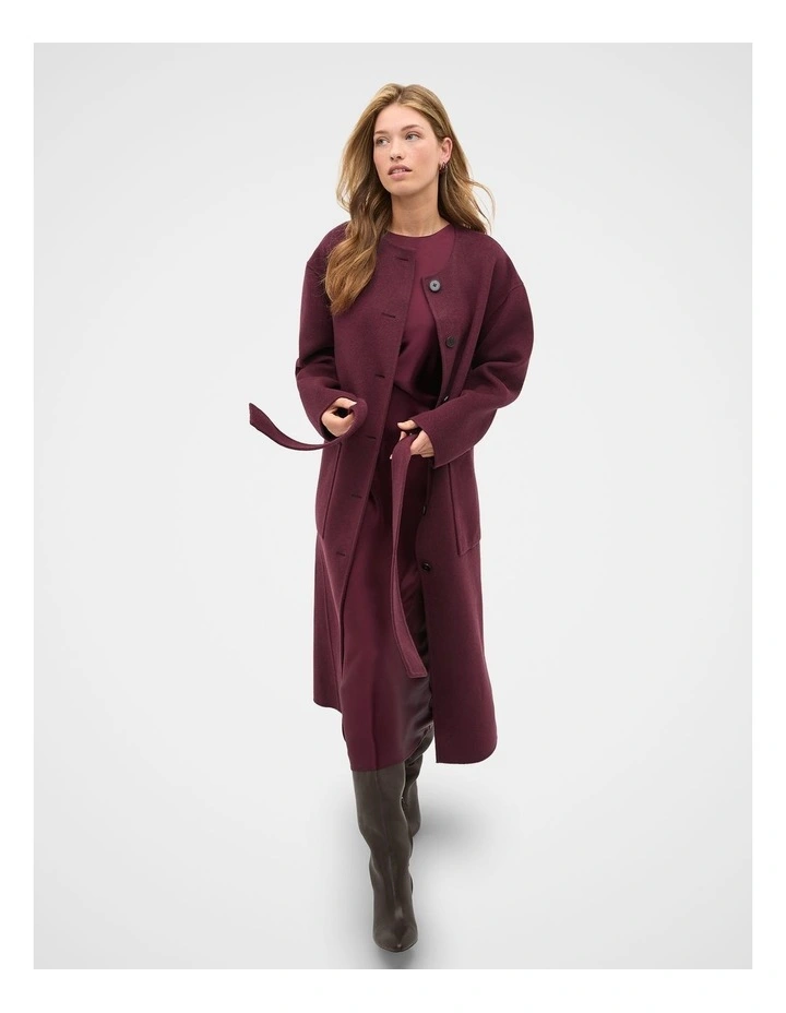 Wool Blend Collarless Coat in Plum Red image 1