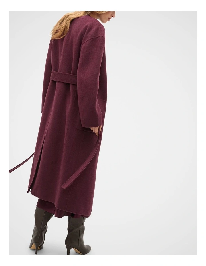 Wool Blend Collarless Coat in Plum Red image 2