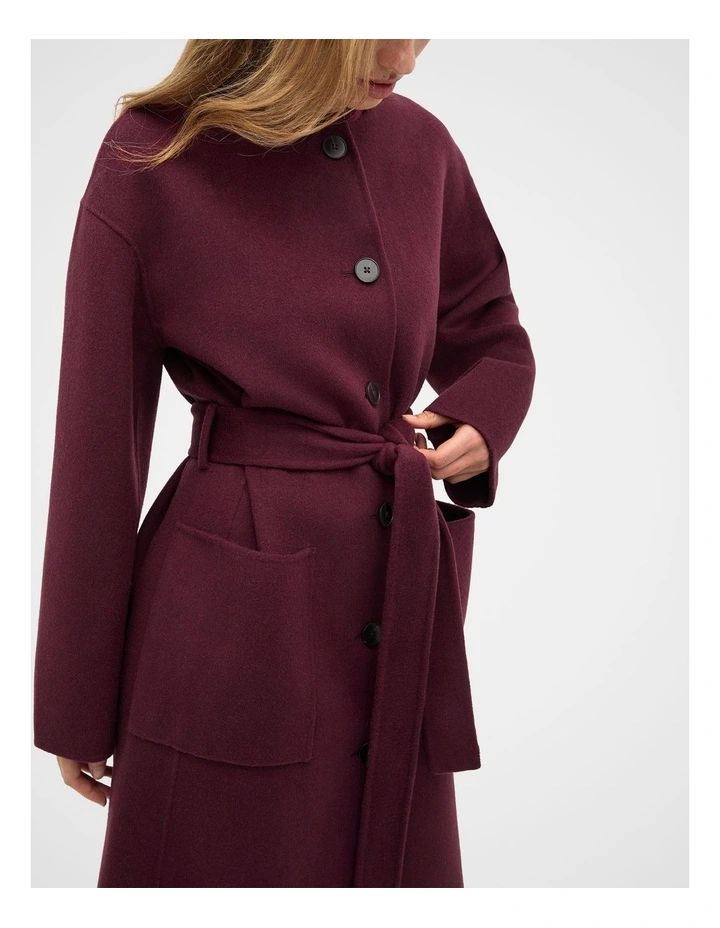 Wool Blend Collarless Coat in Plum Red image 3