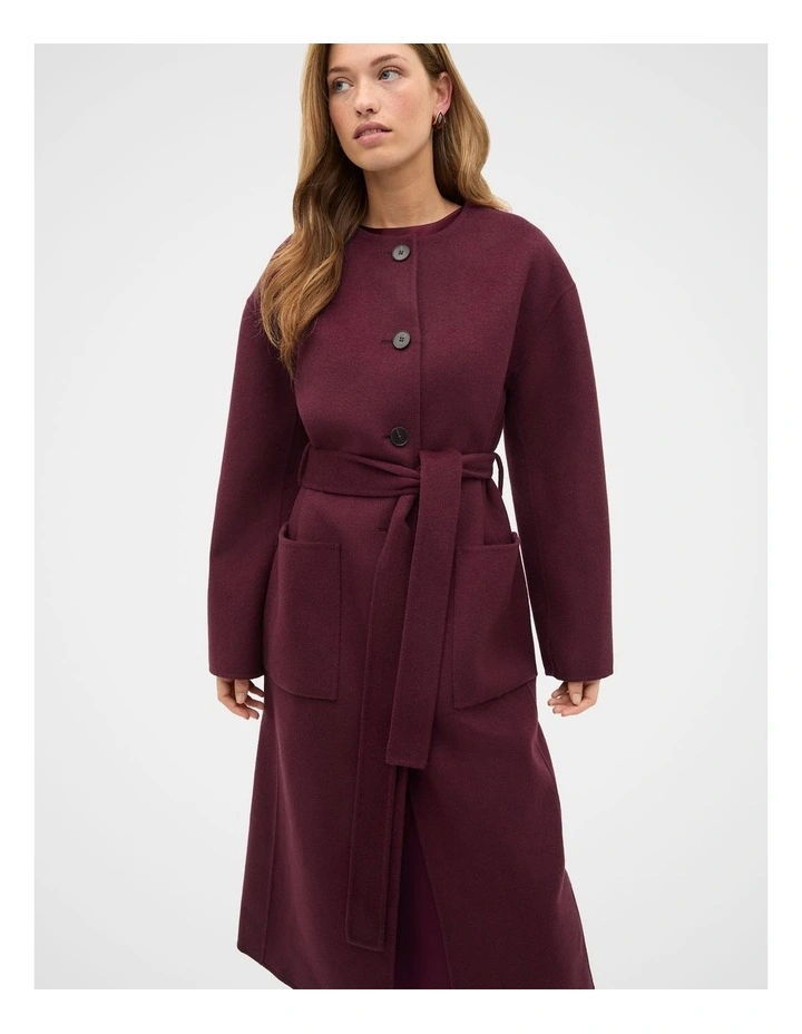 Wool Blend Collarless Coat in Plum Red image 4