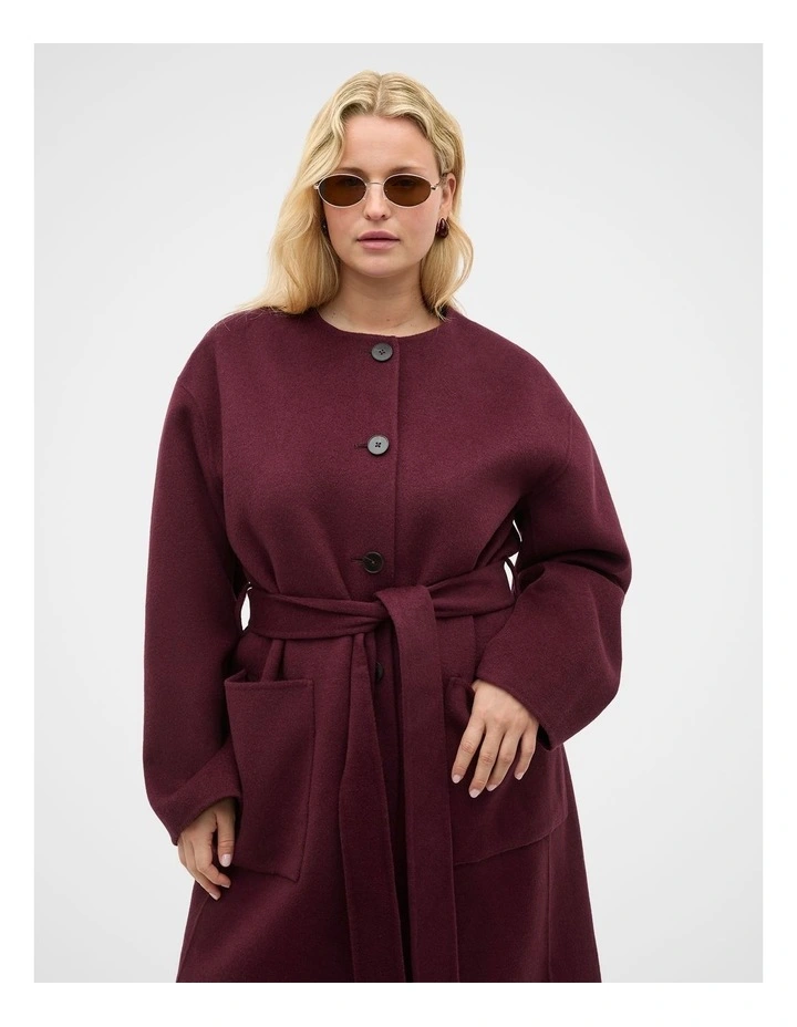 Wool Blend Collarless Coat in Plum Red image 5