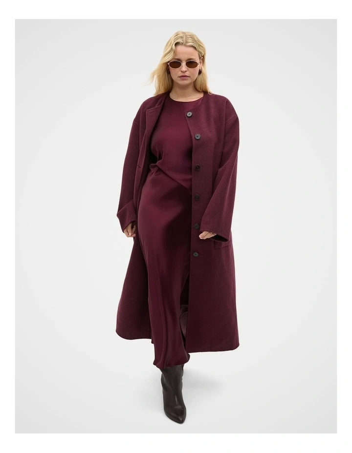 Wool Blend Collarless Coat in Plum Red image 6