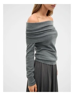 Off Shoulder Ruched Knit in Charcoal Grey Marle