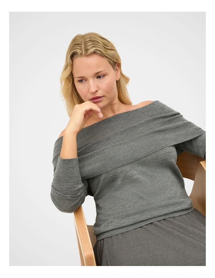 Off Shoulder Ruched Knit in Charcoal Grey Marle image 5