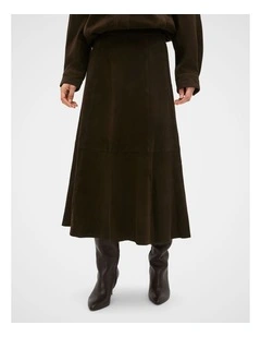 Suede Midi A Line Skirt in Coffee Bean