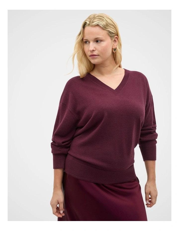 Australian Merino V Neck Knit in Plum Red image 1