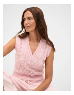 Pom Pom Cable Knit Vest in Pale Blossom Marle