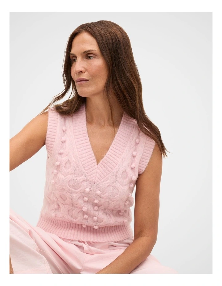 Pom Pom Cable Knit Vest in Pale Blossom Marle image 1