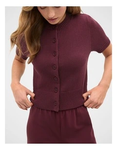 Textured Cotton Blend Cardigan in Plum Red