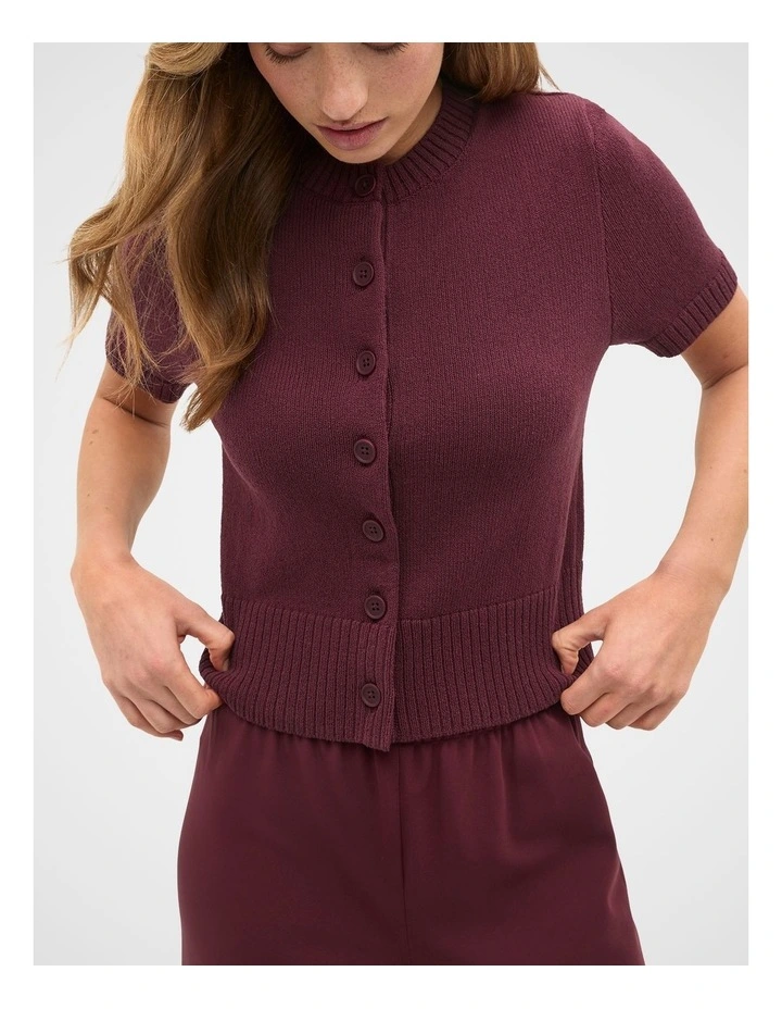 Textured Cotton Blend Cardigan in Plum Red image 1
