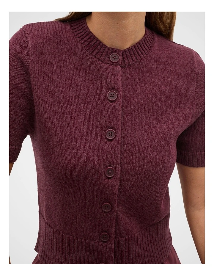 Textured Cotton Blend Cardigan in Plum Red image 4