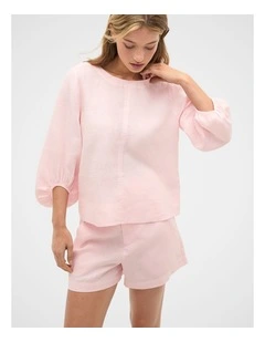 Core Linen Balloon Sleeve Top in Pale Blossom