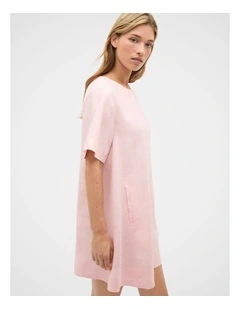 Linen Short Sleeve Mini Dress in Pale Blossom