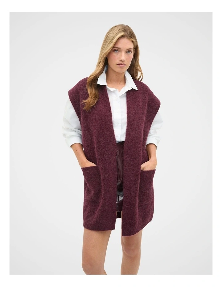 Rib Knit Mid Length Poncho in Plum Red image 1