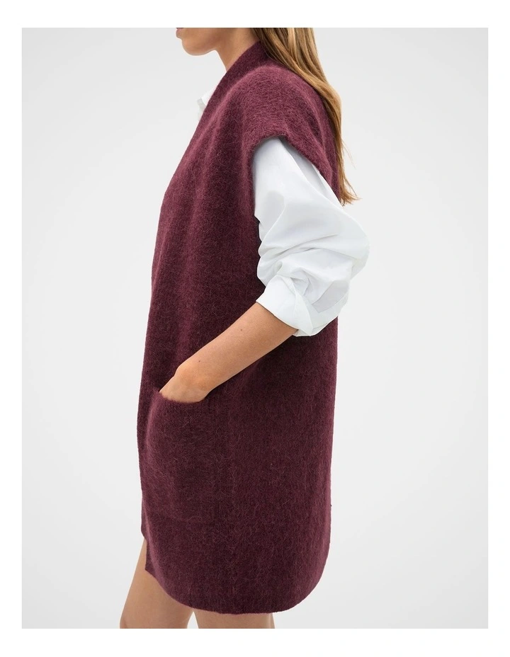Rib Knit Mid Length Poncho in Plum Red image 3