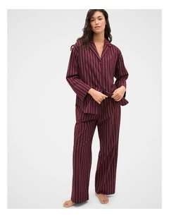 Flannelette Shirt and Pant PJ Set in Plum Red Stripe